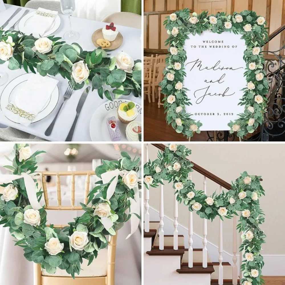 Eucalyptus Garland 6.56 Ft Artificial Greenery with Willow Leaves Roses Lush